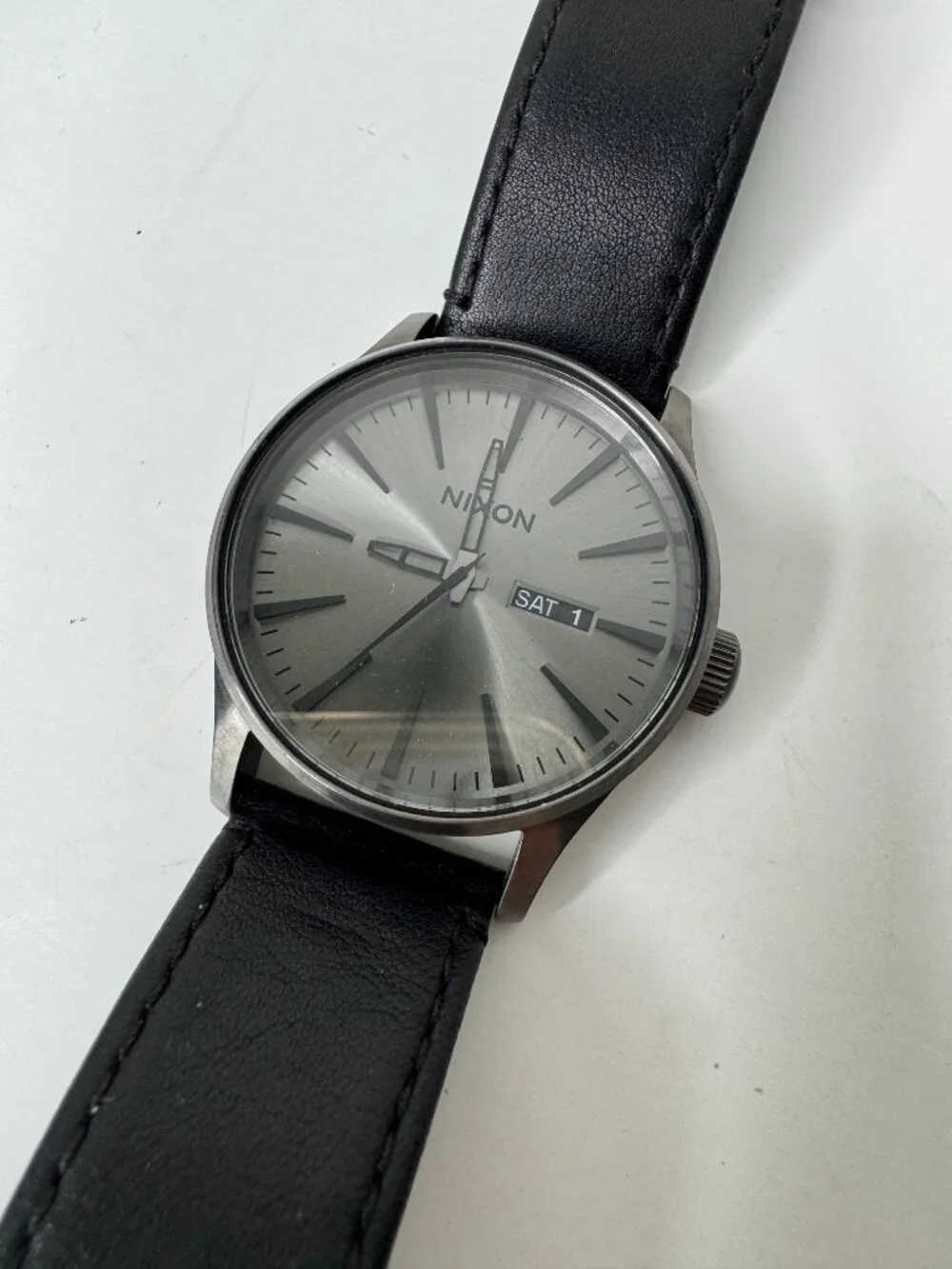 Nixon The Sentry Stainless Steel Watch Black Leather Band Gunmetal Stainless Ste